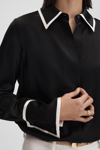 Silk Contrast Trim Button-Through Shirt in Black