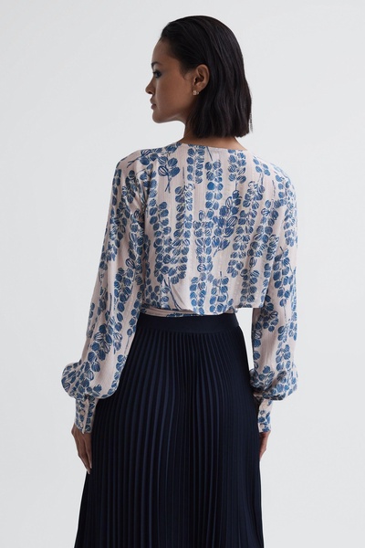 Cropped Printed Belted Blouse in Pink/Blue