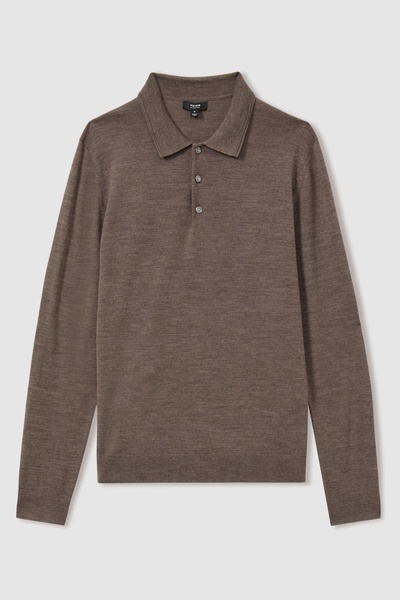 Merino Wool Polo Shirt in Dark Brown Melange