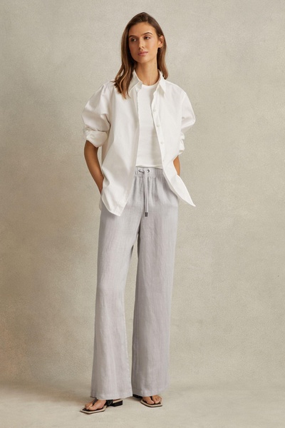 Garment Dyed Wide Leg 100% Linen Trousers in Dusty Blue