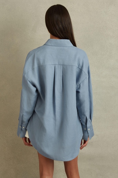 Relaxed Fit Lyocell Linen Button Through Shirt in Blue