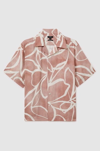 Relaxed Printed Cuban Collar Shirt in Soft Pink