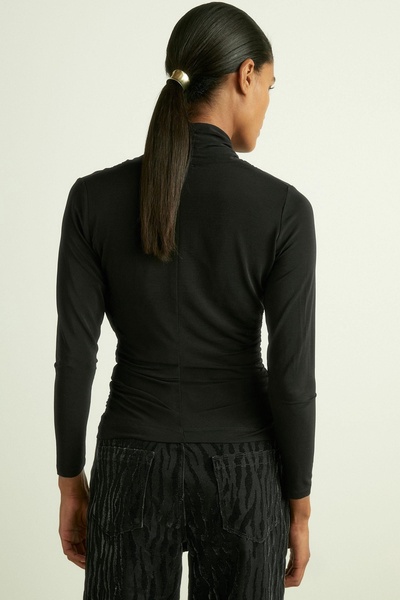 Mesh Wrap-Neck Ruched Top in Black