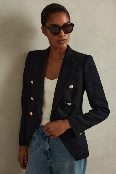 Tailored Fit Textured Double Breasted Blazer in Navy