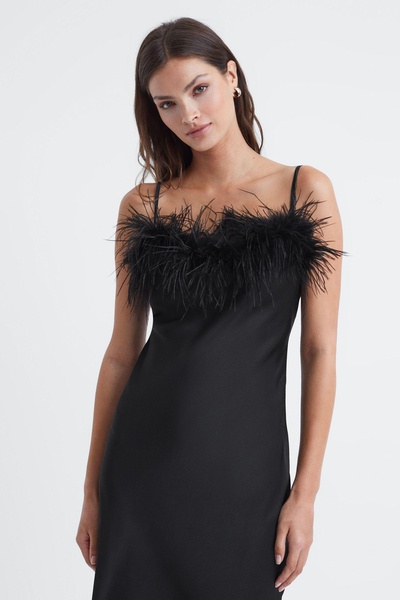 Sleeper Feather Midi Slip Dress in Black