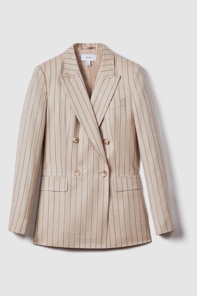 Wool Blend Striped Double Breasted Blazer in Neutral