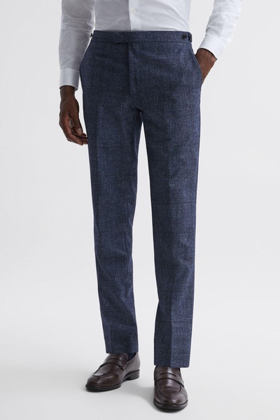 Slim Fit Wool-Linen Check Trousers in Indigo