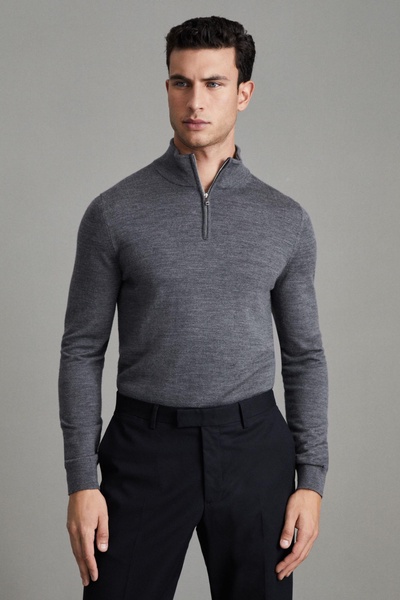 Merino Wool Half-Zip Funnel Neck Jumper in Mid Grey Melange