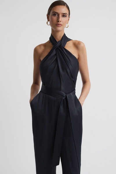 Satin Halter Neck Fitted Jumpsuit in Midnight Navy