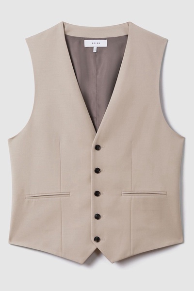 Slim Fit Wool Blend Waistcoat in Stone