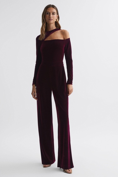 Velvet Off-The-Shoulder Jumpsuit in Berry