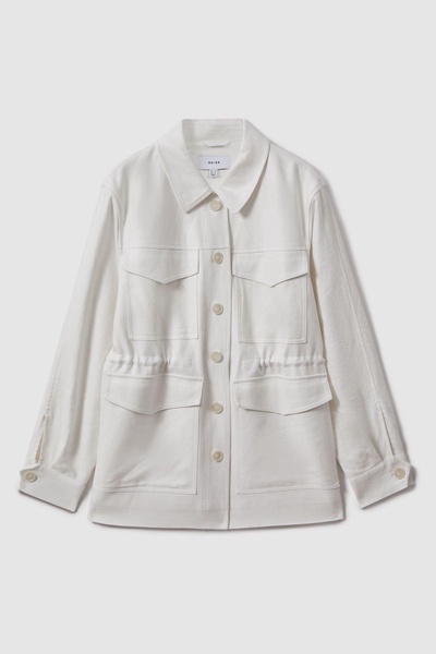 Linen Blend Drawstring Overshirt in White