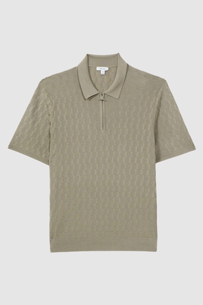 Half-Zip Textured Polo T-Shirt in Taupe