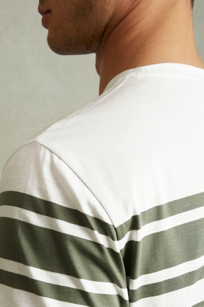 Mercerised Cotton Striped Crew Neck T-Shirt in White/Sage