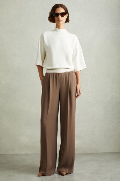 Wide Leg Elasticated Trousers in Mocha Brown