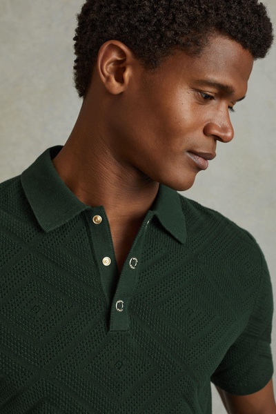 Cotton Textured Press-Stud Polo Shirt in Dark Green