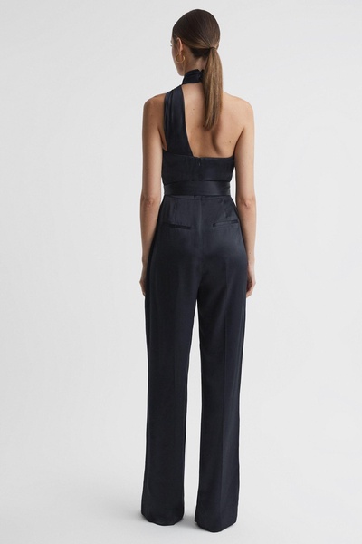 Satin Halter Neck Fitted Jumpsuit in Midnight Navy