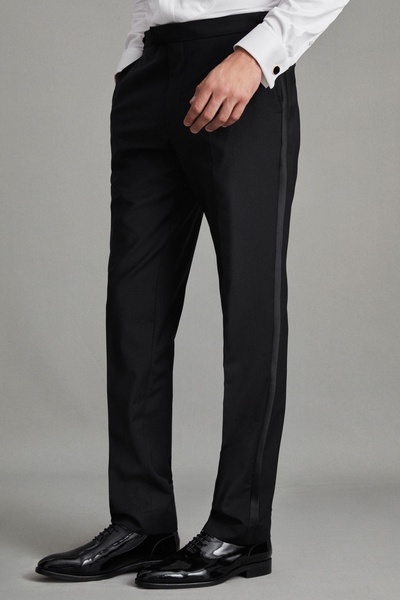 Satin Trim Modern Fit Tuxedo Trousers in Black