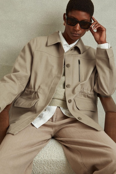 Cotton Canvas Drawstring Waist Overshirt in Neutral