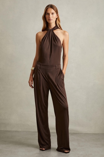 Claudia Chocolate Jersey Halter Neck Wide Leg Jumpsuit