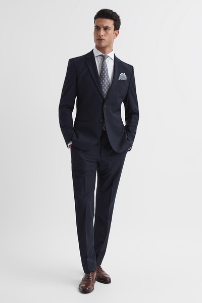 Slim Fit Single Breasted Wool Blazer in Navy