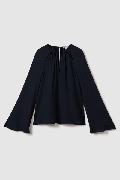 Cut-Out Flute Sleeve Blouse in Navy