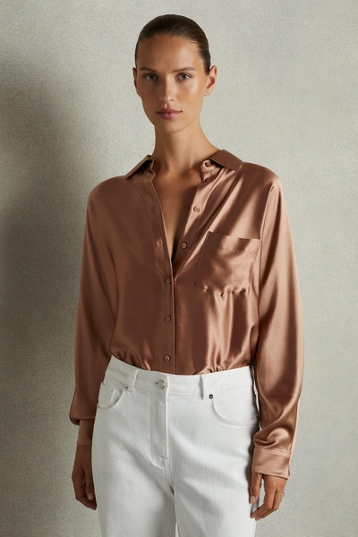 Silk Satin Grown On Sleeve Shirt in Taupe