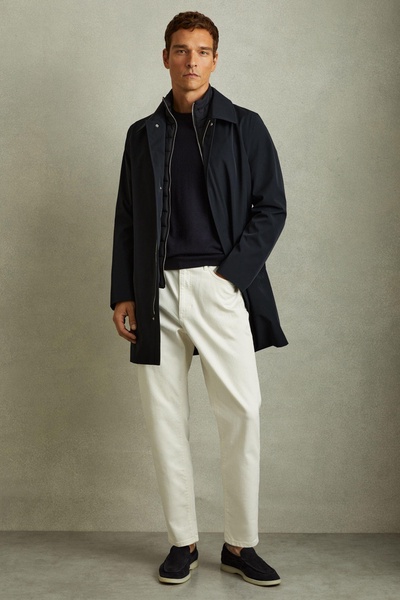 Hybrid Removable Funnel Neck Overcoat in Navy