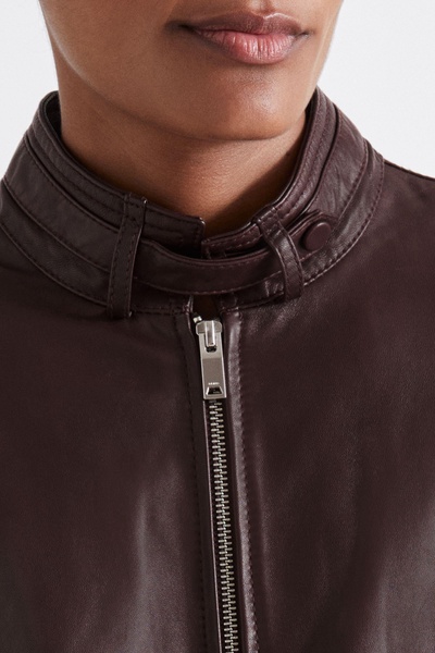 Atelier Leather Latched-Collar Bomber Jacket in Berry