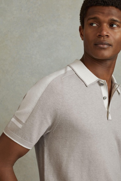 Wool-Cotton Contrast Polo Shirt in Oatmeal Off White