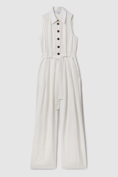 Petite Belted Wide Leg Jumpsuit in White