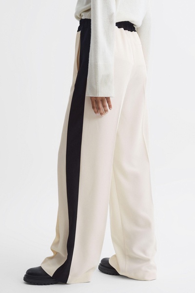 Wide Leg Contrast Stripe Drawstring Trousers in Cream