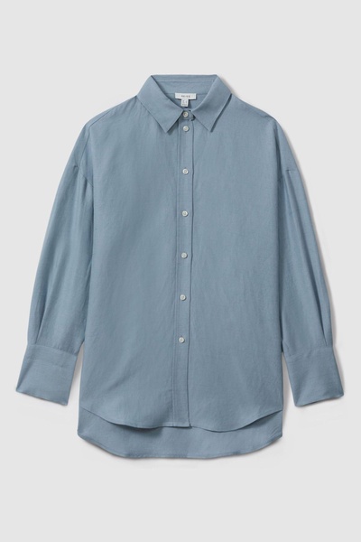 Relaxed Fit Lyocell Linen Button Through Shirt in Blue