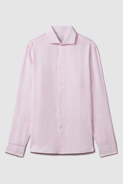 Linen Button-Through Shirt in Soft Pink Fine Stripe