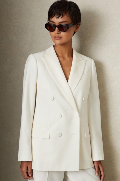 Petite Wool Blend Double Breasted Tux Blazer in White