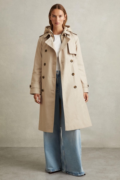 Double Breasted Hooded Insert Trench Coat in Stone