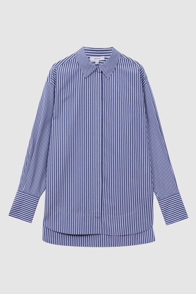 Oversized Cotton Side Stripe Shirt in Blue/White