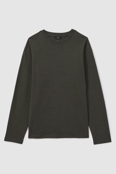 Cotton Crew Neck Long Sleeve T-Shirt in Khaki