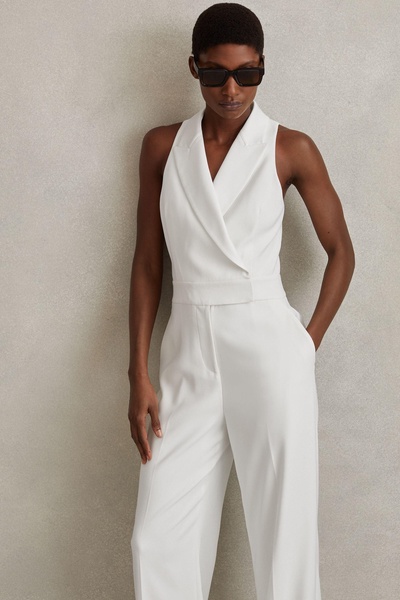 Petite Double Breasted Satin Tux Jumpsuit in White