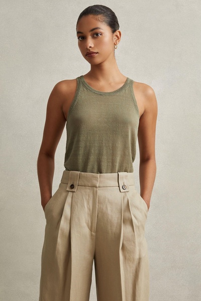 Linen Front Pleat Trousers in Light Khaki