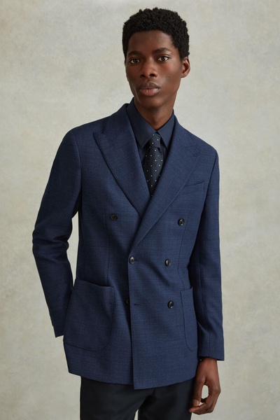 Wool Blend Double Breasted Blazer in Indigo