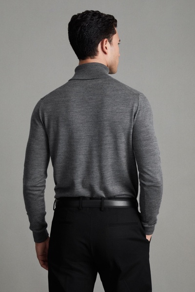 Slim Fit Merino Wool Roll Neck Jumper in Derby Grey Marl