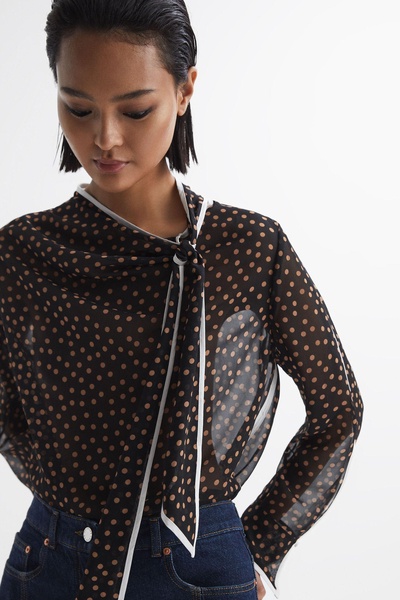 Polka Dot Tie Neck Blouse in Black/Rust