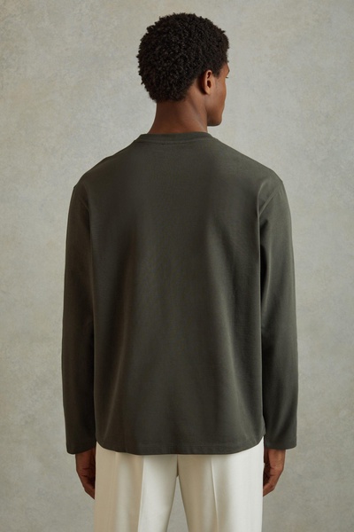 Cotton Crew Neck Long Sleeve T-Shirt in Khaki