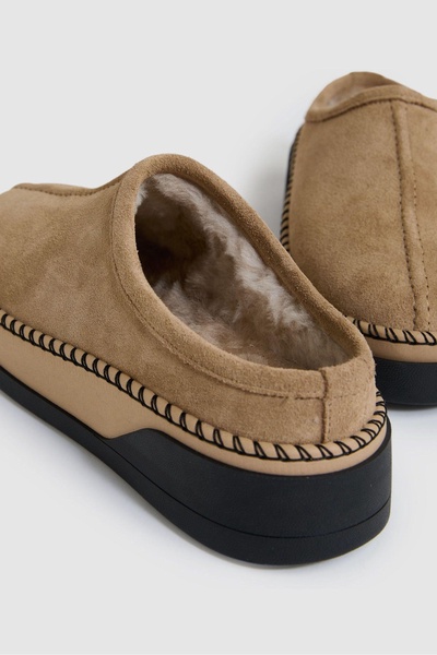 Suede Shearling-Lined Mules in Tan