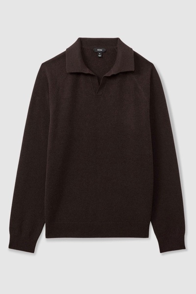 Wool-Cashmere Open-Collar Polo Shirt in Chocolate Brown