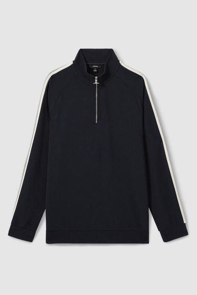 Textured Stripe Half-Zip Funnel Neck Sweatshirt in Navy