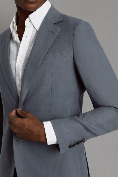 Slim Fit Single Breasted 100% Linen Blazer in Airforce Blue