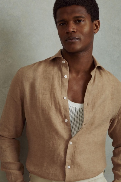 Linen Button-Through Shirt in Camel