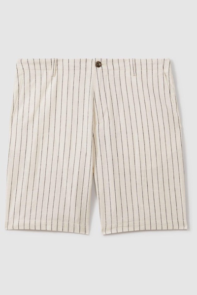 Cotton Linen Blend Internal Drawstring Shorts in Ecru Stripe